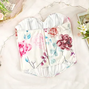 Floral print corset bustier top detail showing watercolor roses and fishbone structure.