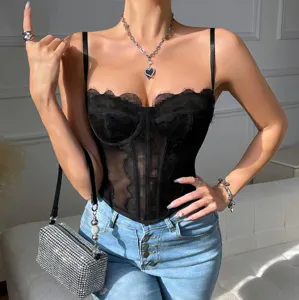 Black lace sheer corset camisole top with fishbone structure, elegant slim fit design.