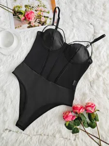 Black sexy mesh underwire bustier bodysuit slim shapewear for women hot clubwear party
