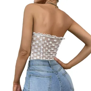 Sexy sheer polka dot strapless corset bodysuit with ruffle trim and boning support.