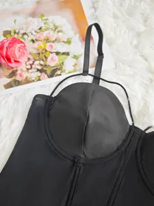 Black sheer mesh corset bodysuit featuring underwire structured cups and slim adjustable straps.