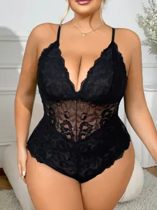 Plus size lace sexy bodysuit for women, backless spaghetti strap lingerie and stylish inner wear.