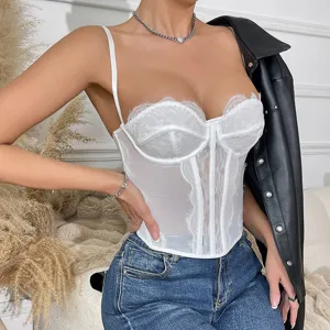 Sexy sheer boned corset camisole for women featuring eyelash lace trim and stylish design.