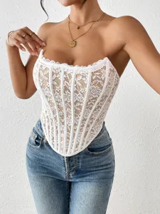 Women's white lace strapless corset top, sexy slim-fit bustier tube top for summer fashion wear.