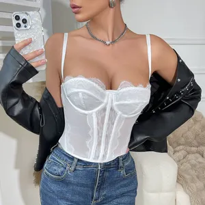 White lace trim corset top women sheer bustier spaghetti strap sexy fashion streetwear apparel