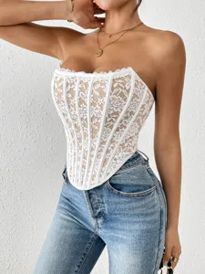 Sexy white lace strapless bustier top for women, summer slim fit corset tube top for party.