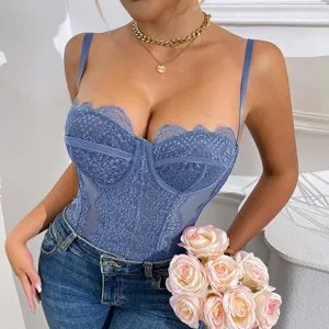 Sexy blue lace bustier bodysuit with underwire, sheer straps and floral prop for women.