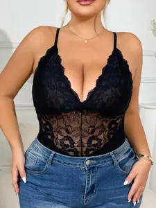 Plus size black lace sexy halter bodysuit backless deep v lingerie for women.