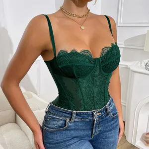 Dark green lace bustier bodysuit with underwire, sheer side panels and chic spaghetti straps.