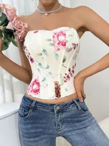 Floral print strapless corset top elegant chic summer fashion streetwear outfit for women