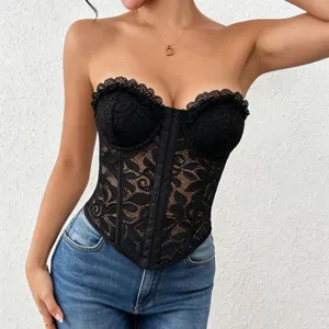 Detailed view of the black lace corset top, featuring delicate floral lace and boning structure.