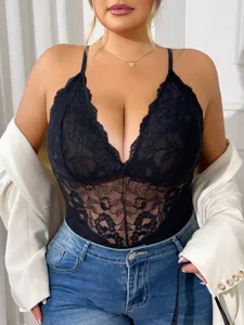Plus size sexy black lace halter bodysuit for women, backless sleeveless inner wear top.