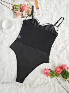 Sexy black sheer mesh bodysuit for women with adjustable straps and push-up support details.