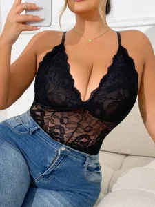 Plus size black lace halter bodysuit sexy V-neck backless body shaper for women detail