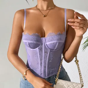 Detail view of the purple lace sheer corset camisole featuring delicate eyelash trim details.
