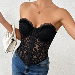 Black lace corset top close-up detail, vintage bustier design showing texture and fabric.