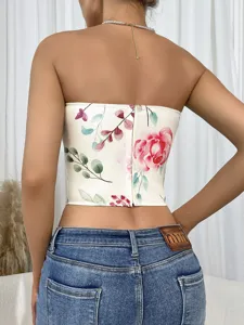 Floral Print Strapless Backless Tube Top Summer Sexy Cropped Corset Top for Women