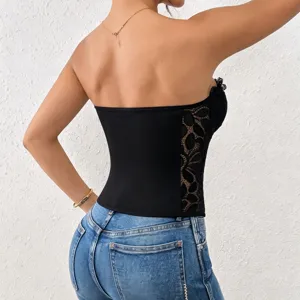 Black lace corset top back detail showing sheer side panels and strapless design.