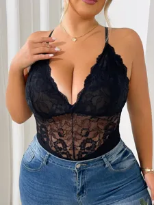 Plus size black lace bodysuit sexy deep v-neck backless camisole top for women daily styling.