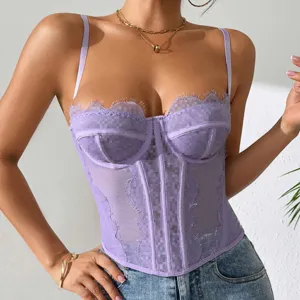 Purple lace corset top sheer bustier camisole spaghetti strap summer fashion apparel