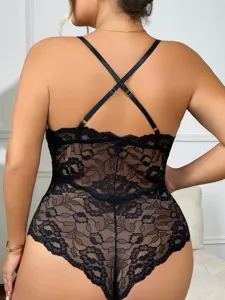 Back view detail of plus size black lace teddy bodysuit featuring cross straps and open back.