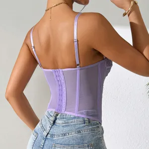 Purple sheer mesh corset top for women, with boning and lace trim, back hook-and-eye closure.
