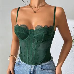 Sexy dark green lace trim boned corset camisole sheer mesh slim fit women summer fashion top