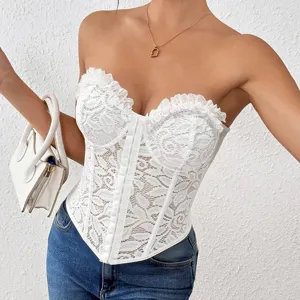 Close-up shot of the elegant white lace corset top with delicate floral details and front hooks.