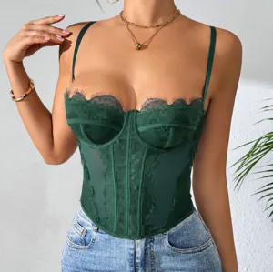 Dark green lace corset top for women, sleeveless spaghetti strap bustier with sheer mesh.