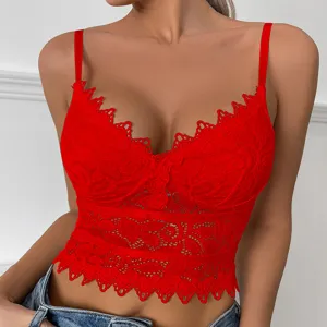 Scharfes rotes Spitzen-Crop-Top mit V-Ausschnitt, atmungsaktives sexy Bralette für den Sommer.