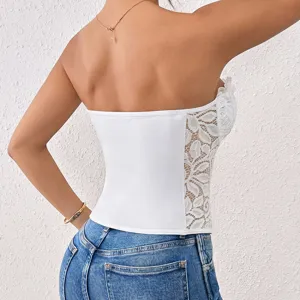 White strapless corset top with lace side panels and boning structure, sexy sheer back design.