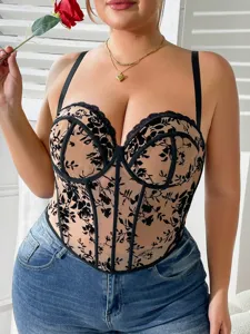 Detail shot of the floral lace mesh corset top, featuring supportive boning and adjustable straps.