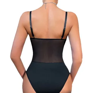Sexy sheer mesh backless bodysuit for women, slim fit sleeveless black one-piece clubwear.