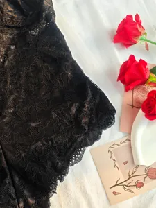 Plus size sexy black lace bodysuit, elegant floral pattern, backless spaghetti strap lingerie for women.