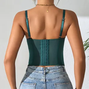 Dark green corset top for women, back hook closure, slim fit camisole with adjustable straps.