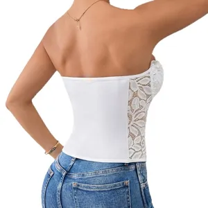 White strapless corset top with delicate lace panels and boning design for women sexy wear.