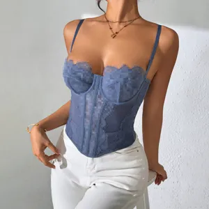 Blue lace corset top, sheer bustier cami, women's sexy slim fit strap vest for summer.