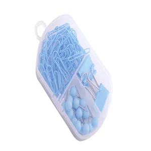 Détail de kit de papeterie de bureau 3-en-1 bleu avec pinces et punaises en boîte transparente.