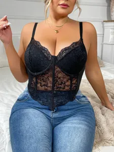 Plus size black lace bustier camisole top with underwire and supportive fishbone design.