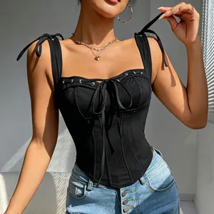 Stylish sexy slim fit corset tank top with bow tie straps and lace up front for women.