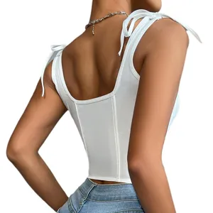 White corset camisole top for women, sexy bow tie strap square neck backless summer tank top