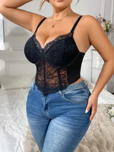 Plus size black lace bustier bra top with underwire and boning support for women.