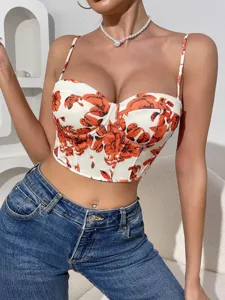 Floral print corset crop top, vintage bustier cami, sexy strapless backless summer streetwear.