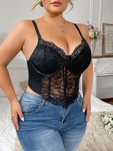 Plus size black lace bustier bra top with underwire and boning support for women.