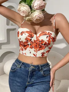 Vintage floral print corset crop top, sexy underwire bandeau camisole for women fashion.