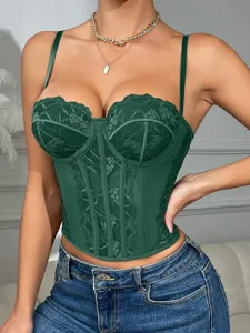 Dark green lace corset top for women, stylish sleeveless bustier streetwear outfit.