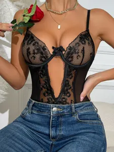 Sexy black lace bodysuit for women, deep V neck spaghetti strap sheer mesh lingerie top detail.