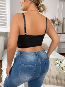 Plus size black camisole top with adjustable straps, casual back view detail for women