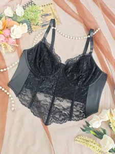 Plus size black lace bustier corset bra top, sexy floral lace lingerie with straps and boning.