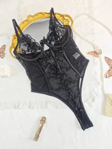 Sexy black lace sheer bodysuit with boning shaping, French style suspender lingerie for women.